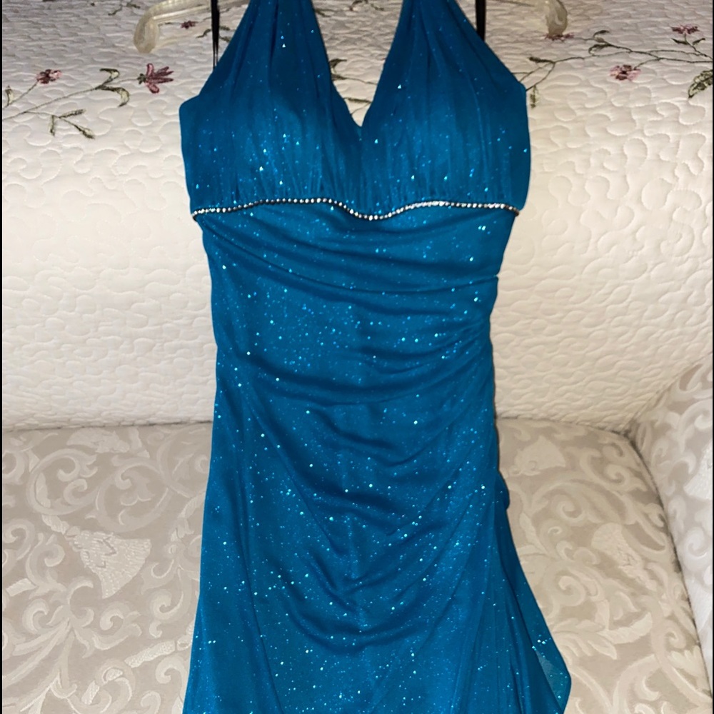 Teal sparkling evening dress by Blondie Nights with rhinestone trim, halter top